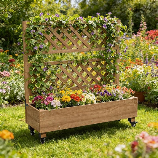 Raised Garden Bed with Wheels Outdoor, Large Garden Planter Box Tomato Flower Pots Cages with Standing Diamond Lattice Trellis for Vegetables Vines Herbs Fruits & Climbing Plants (Rhombic Grid))