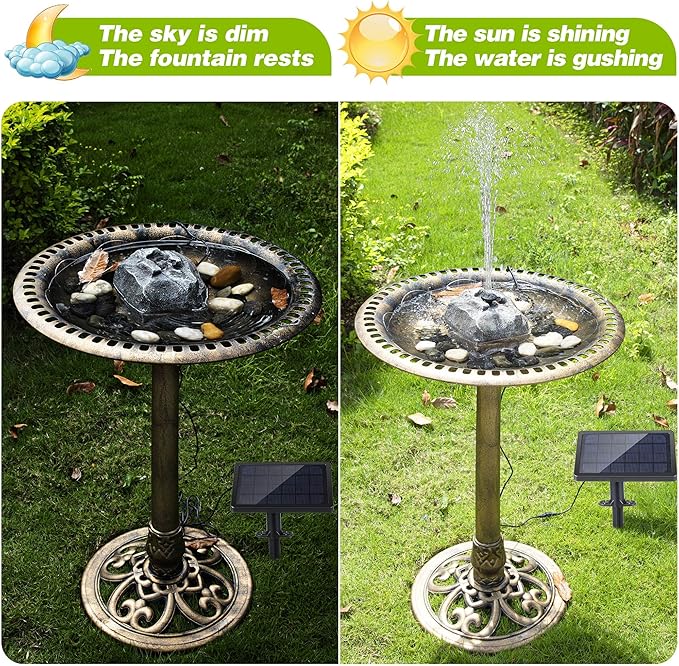 Solar Fountain Bird Bath with Solar Panel, Rockery Granite Water with 5 Nozzles Solar Water Fountain for Birdbath Outdoor, Pond, Patio Garden, and Fish Tank