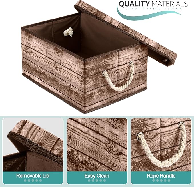 Sorbus Decorative Storage Boxes with Lids, Foldable Organizer (Brown) | Rustic wood-grain-print bins with carry handles and frame for toys, memorabilia, closets, offices and bedrooms; two-pack.