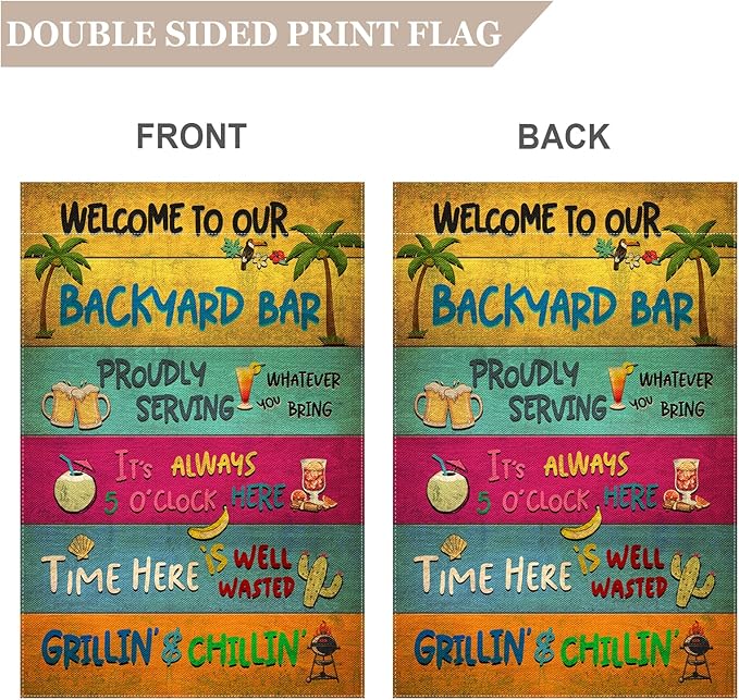 Snycler Welcome To Our Backyard Garden Flag, Swimming Pool Decor Classic Garden Signs Gift For Summer Vibes, Friends Party Decorative Signs For Yard (Backyard Bar) 12 x 18 Inch