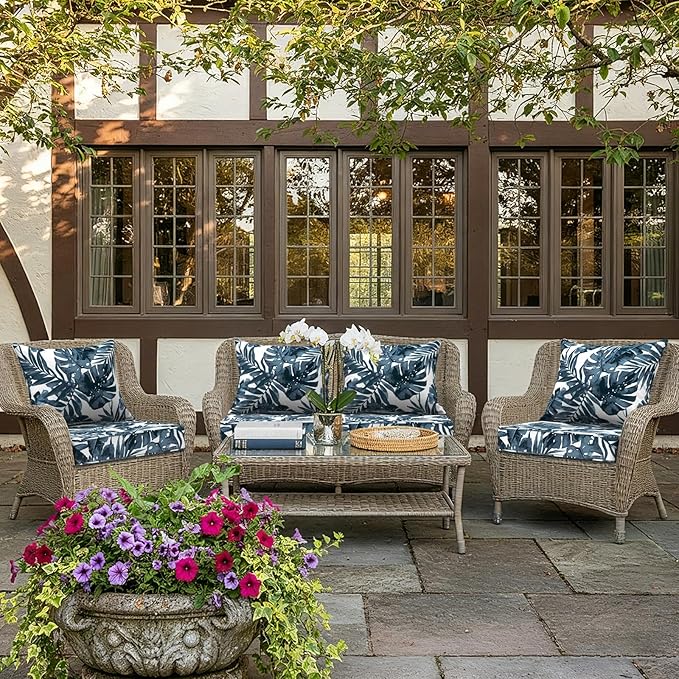 LVTXIII Outdoor Deep Seat Cushion Patio Seat and Back Cushion Set Seasonal Chair Cushion with Removable Cover and Adjustable Buckle for Home and Garden, 22"x22"x4", Palms Blue
