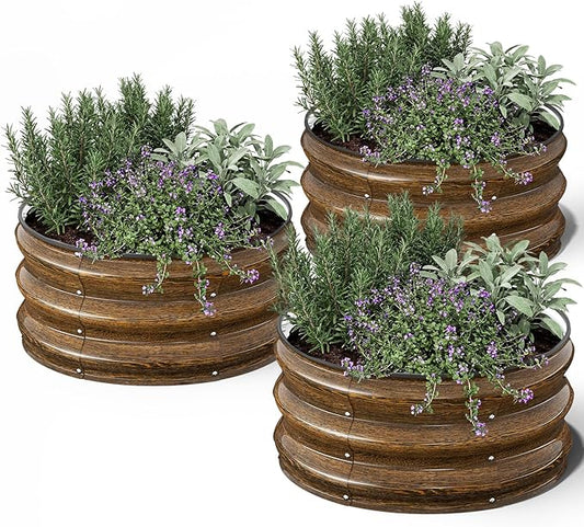 Kesfitt Round Metal Raised Garden Bed, 2x2x1 FT, 12-Inch Deep Galvanized Steel Garden Bed with Open Bottom for Vegetables & Herbs, Walnut Finish, 3 Pack