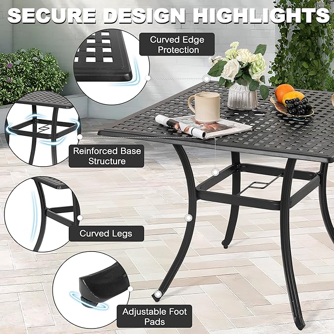 NUU GARDEN 35 Inch Square Cast Aluminum Outdoor Dining Table for 4 with Umbrella Hole and Mesh Top, Patio Table for Garden Backyard Poolside, Black with Gold Speckles