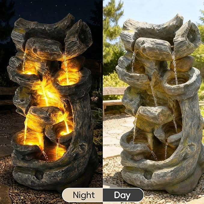 7-Tier Cascading Outdoor Fountain with LED Lights, 37.2" H Fountains and Waterfalls Realistic Tree Trunk for Garden, Patio, Yard Decor