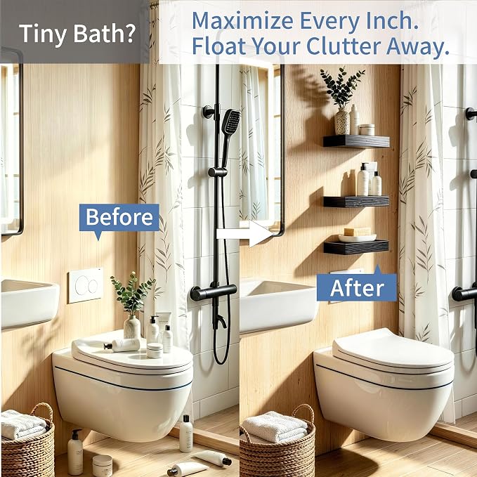 Black Floating Shelves for Bathroom, 12 Inch Small Shelves Set of 3 | Wall Mounted Floating Shelves, 33lbs Max Load, Hidden Brackets, Easy Install, Bedroom Living Room Decor Display Storage