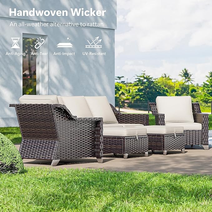5 Pieces Wicker Patio Furniture, Luxury Outdoor Conversation Sets with 2 Patio Rattan Chair, 3-Seater Sofa, 2 Patio Ottoman, Wide Armrest, Thickened Cushions, Ideal for Deck, Porch Use