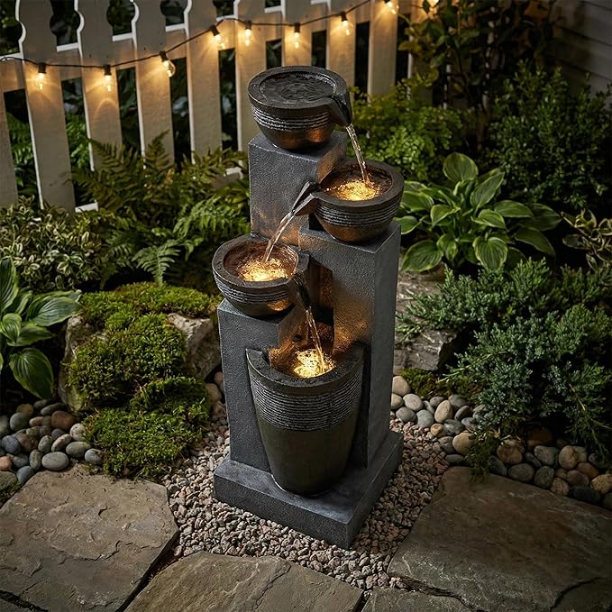 34-Inch Outdoor Water Fountain, 4-Tier Cascading Bowls Resin Waterfall Fountain with 3 Warm LED Lights, Rustic Water Feature for Garden, Patio, Deck, Porch, Backyard, Farmhouse in Gray