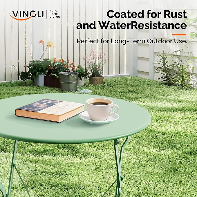 VINGLI Outdoor Folding Bistro Table and Chairs Set of 2, 3-Piece Bistro Set with Premium Steel Frame and Comfortable Cushions for Patio, Balcony, Garden, Porch, Yard, Green