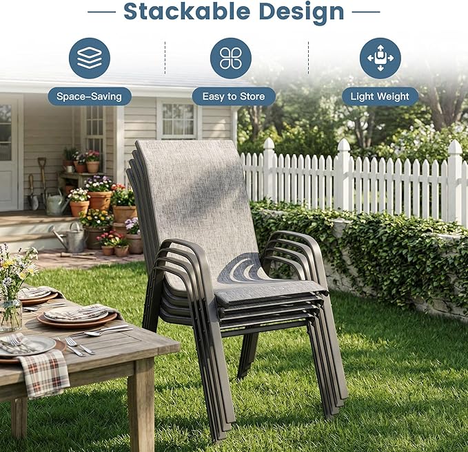 DIFY Patio Chairs Set of 4, Stackable Outdoor Dining Chairs Set with Breathable Textilene High Back and All-Weather Metal Frame for Garden, Backyard, Deck, Grey