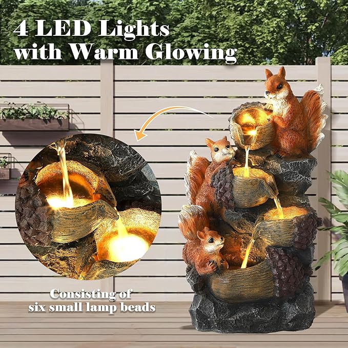24" H Outdoor Water Fountain, 4-Tiers Cascading Garden Waterfalls with 4 LED Lights, Modern Freestanding Bird Bath Fountain with Pinecones & Squirrels, for Yard Patio Deck and Indoor Decor