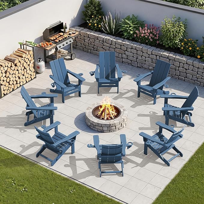SERWALL Modern Folding Adirondack Chair Set of 6, Weather Resistant Outdoor Adirondack Chair with Dual Cup Holders, HDPE Fire Pit Chairs for Patio Lawn Garden, Blue
