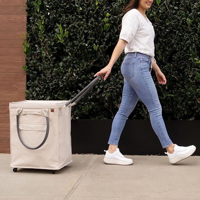 CleverMade Collapsible Rolling Hauler Tote, 90L, Holds 75 lb, Cream