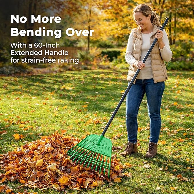 Gardzen Rake for Leaves and Hand Scoops Set, 67 inch Adjustable Long Handle, Crack Resistant Modified PE Rake & Scoops, Comes with Wrist Pads, 72 Gallon Bag, Gloves