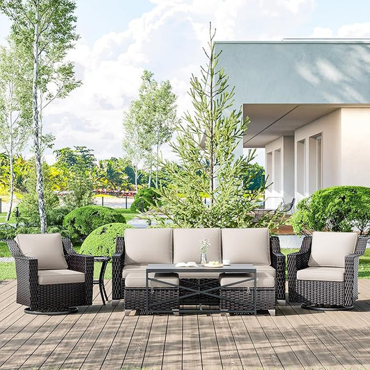 7 Pieces Wicker Patio Furniture, Luxury Outdoor Furniture with 2 Patio Swivel Chair, 3-Seater Sofa, 2 Patio Ottoman, 1 Coffee Table and 1 Side Table, Wide Armrest, Thickened Cushions