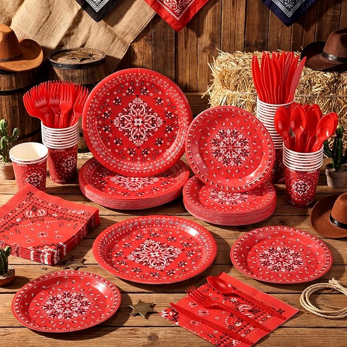 Funnymoom 400 Pcs Western Cowboy Party Supplies for 50 Guests Red Bandana Western Paper Plates and Napkins Knives Spoon Fork Cup Disposable Paisley Farm Dinner Party Set for Baby Shower Birthday
