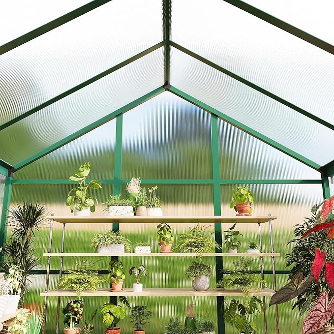 6x10 FT Greenhouse for Outdoors, Polycarbonate Greenhouse with Roof Vent, Ground Nails, Lockable Push Door, Aluminum Large Walk-in Green House for Outside Garden Backyard, Patio, Lawn, Green
