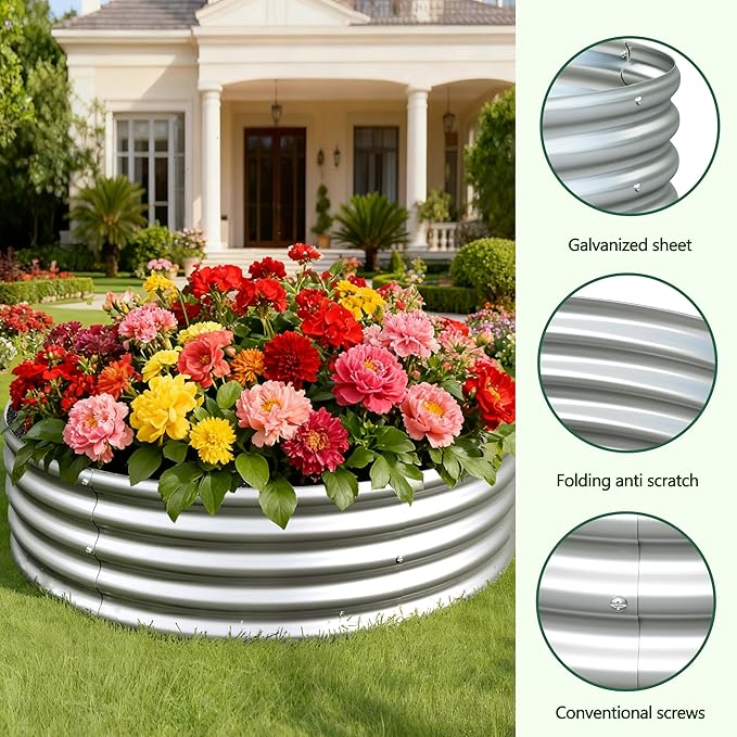 Foxlang 4x4x1ft(2 Pack) Galvanized Round Raised Garden Bed,Outdoor Planter Box Metal Patio Kit Planting Bed for Vegetables Flowers Herb,Silver