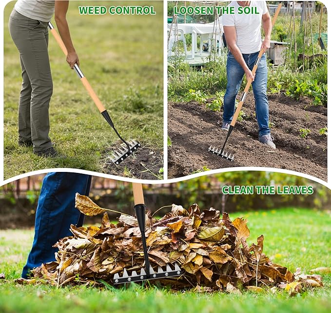 Iron Weed Rake with Wooden Long Handle 2.0, 8 Teeth Weed Puller Tool Heavy Duty, Manual Gardenia Weeding Rake Tool for Yard, Lawn and Garden, 71Inch