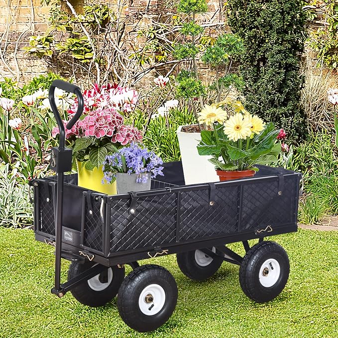 Heavy Duty Steel Garden Cart Large Size with Liner and Iron Frame,Steel Frame Dump Cart with Removable Sides,660lbs Capacity Black