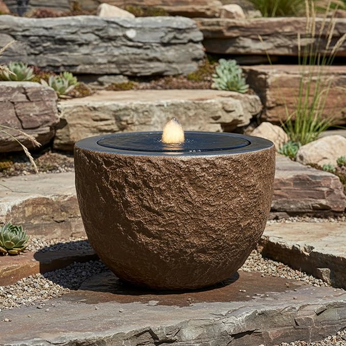 Sunnydaze Outdoor Water Fountain with LED Light - Polystone Oval Bowl Bubbler Water Feature with Pump - 13" H - for Patio, Garden, Deck, Relaxation and Stress Relief - Brown