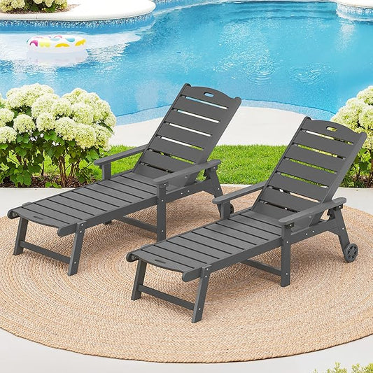 LUE BONA Outdoor Chaise Lounge Chairs Set of 2, HDPS Chaise Lounger, 5 Positions Adjustable Lounge Chairs, Pool Lounge Chair with Wheels for Poolside, Hotel, Restaurant, 3 Year Warranty, Dark Gray