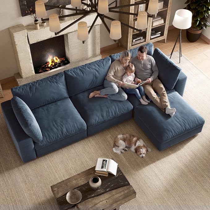 110'' Cloud Sectional Couch with Washable Cover, Oversized U-Shaped Sectional Couch with Throw Pillow and 2 Storage Ottoman, Deep Seat Modular Sectional Sofa for Living Room, 3Seater, Blue