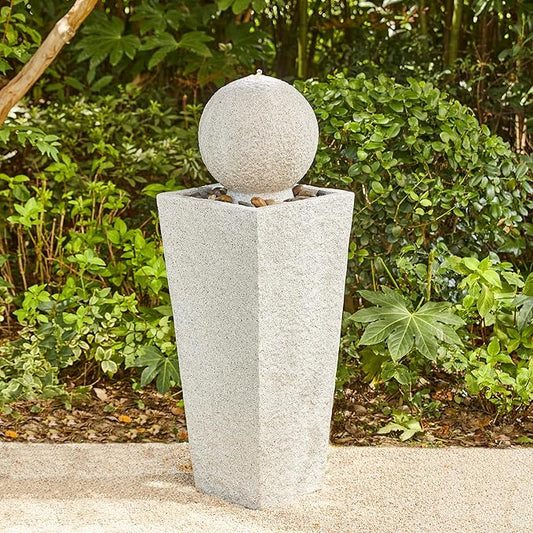 Glitzhome Outdoor Water Fountain, 40.25" H Modern Geometric Pedestal and Sphere Waterfall Fountain, Outdoor Fountain with Pebbles, Pump and LED Light, Garden Fountain for Patio, Backyard, Porch Decor