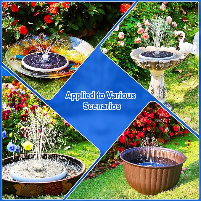AISITIN 6.5W Solar Bird Bath Fountain with 3000mAh Battery & Color Changing LED Lights & 4 Anti-Drift Fixing Rod & 8 Nozzles, Upgraded Solar Fountain for Bird Bath, Garden, Backyard, Pond, Fish Pond
