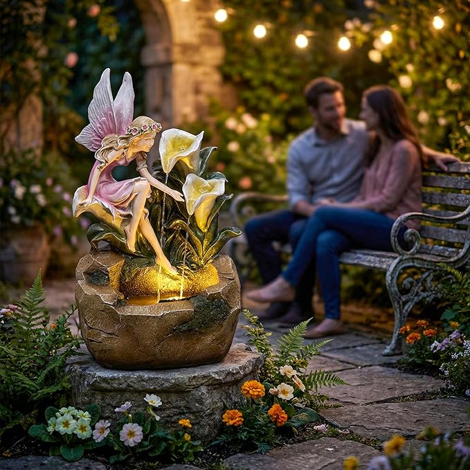 26-Inch Outdoor Water Fountain, Garden Flower Fairy Resin Waterfall Fountain with LED Light, Elegant Fantasy Outdoor Water Feature for Backyard, Lawn, Deck, Patio, Balcony in Pink, Gift Ideas