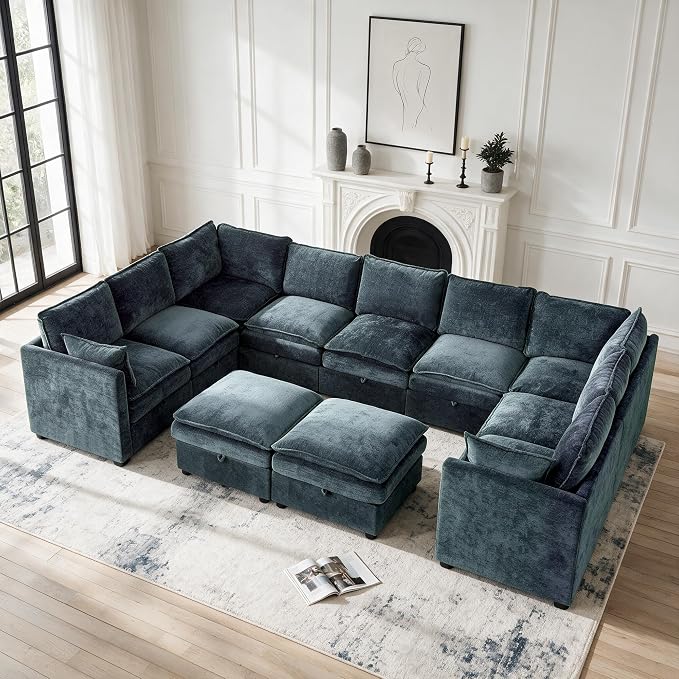 130" Oversized U-Shape Storage Sofa Modular Couch with 2 Ottomans,Blue