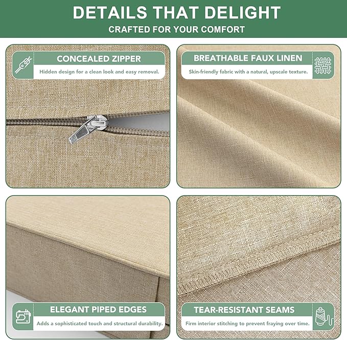 Summsun Outdoor Chair Cushions Set of 4, Faux Linen Patio Furniture Cushions, Water Resistant Backrest and Seat Cushion Set with Ties, Removable Cover, Non-Slip Bottom, 19 x 19 Inch, Nature