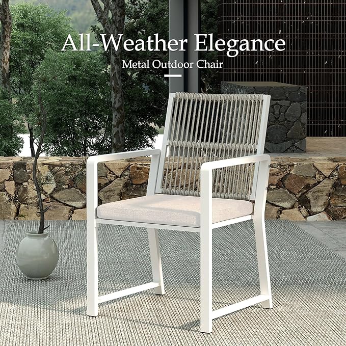 Outdoor Patio Wicker Rattan Dining Chairs, Heavy-Duty Wrought Iron Frame Supports 300lbs, Ergonomic Backrest, Detachable Breathable Cushion, for Garden & Porch, White, Set of 2