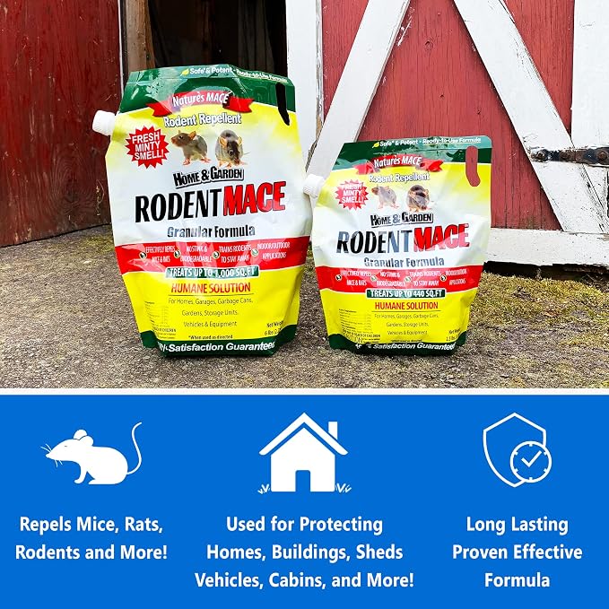 Nature's MACE Rodent Mace Repellent 2.5 lb Granules | Covers 440 Sq. Ft., Repel Mice & Rats, Keep Out of Home, Garage, Attic, and Crawl Space, Stop Damage, Safe Around Kids.