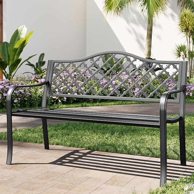 MFSTUDIO 50" Black Outdoor Metal Garden Bench, Cast Iron Frame Patio Furniture with E-Coating, Perfect for Porch and Yard