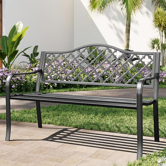 MFSTUDIO 50" Black Outdoor Metal Garden Bench, Cast Iron Frame Patio Furniture with E-Coating, Perfect for Porch and Yard