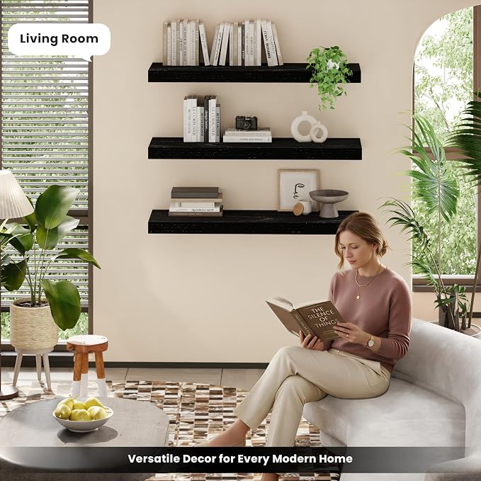 36 Inch Floating Shelves for Wall, Set of 3 | Wood Wall Mounted Shelves with Invisible Brackets, Rustic Farmhouse Long Shelf for Bedroom Living Room Kitchen (Black)