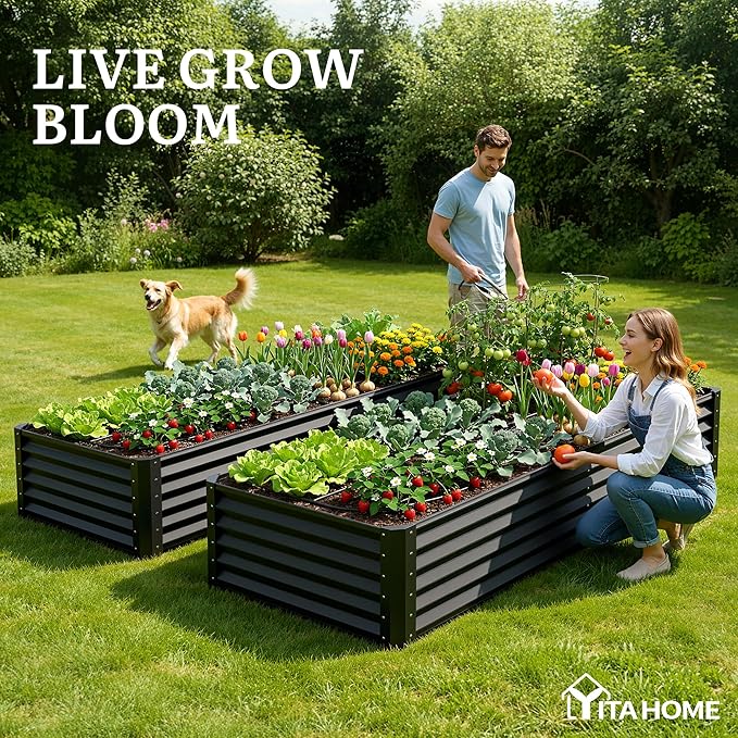 YITAHOME 6x3x1.5 2pcs Large Raised Garden Bed Kit, Galvanized Metal Planter Box with Gloves, Ground Nails, Support Rod, Outdoor Above Ground Planters for Plants Vegetables Flowers, Black