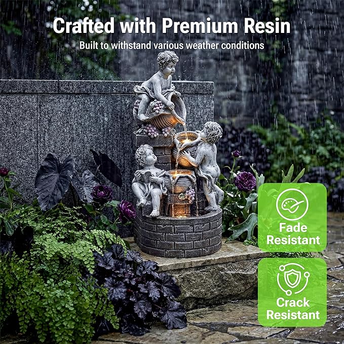 21-Inch Outdoor Water Fountain, 4-Tier Cascading Resin Cherub Garden Fountain with 3 LED Lights, European Style Decorative Water Feature for Backyard, Patio, Deck, Lawn, Balcony in Gray