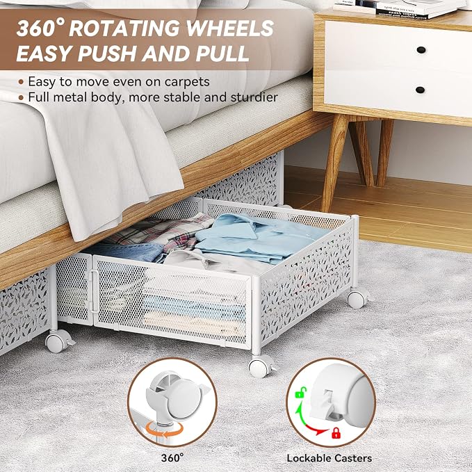 PHINOX Under Bed Storage Container with Wheels,Patterned,Metal,2 Pack,White