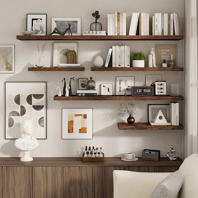 Floating Shelves for Wall, 27.5 Inch Bathroom Shelves Set of 2, Rustic Wood Wall Shelf with Invisible Brackets for Books|Storage|Decor, 8 Inch Deep Floating Shelf for Bedroom|Kitchen, Rustic Brown