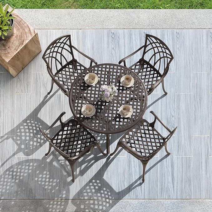 NUU GARDEN 5 Piece Outdoor Patio Dining Set, All-Weather Round Cast Aluminum Dining Table with 1.97"" Umbrella Hole and Outdoor Patio Dining Chairs for Patio, Garden, Backyard, Balcony, Bronze