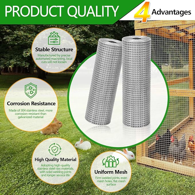 Hardware Cloth 1/4 inch 23 Gauge Small Size 304 Stainless Steel mesh Chicken Welded Wire Fencing Wire Mesh Roll Fencing Garden Fence Squirrel Tunnel Network 8in×10ft