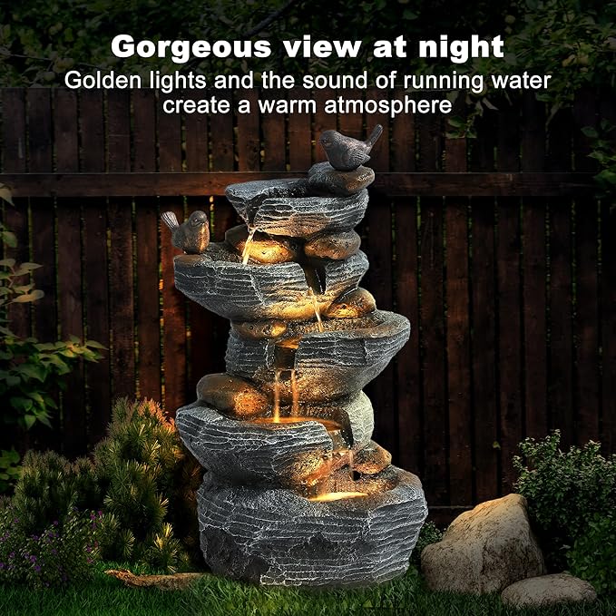 5 Tiers Garden Fountain Outdoor, 26.4" Rock Waterfall Feature with 4 LED Lights, Modern Resin Fountain Freestanding with Pump and Dicky Bird for Indoor and Porch Patio, Home Art Decor, Grey