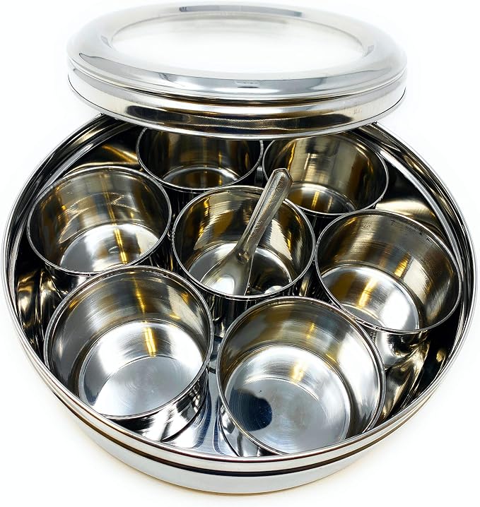 Rani Spice Box Stainless Steel Transparent Round Storage For Spices (Masala Dabba) 7 Compartments, with spoon (9.2in x 3in) ~ Packed in an attractive box, perfect for gifts!