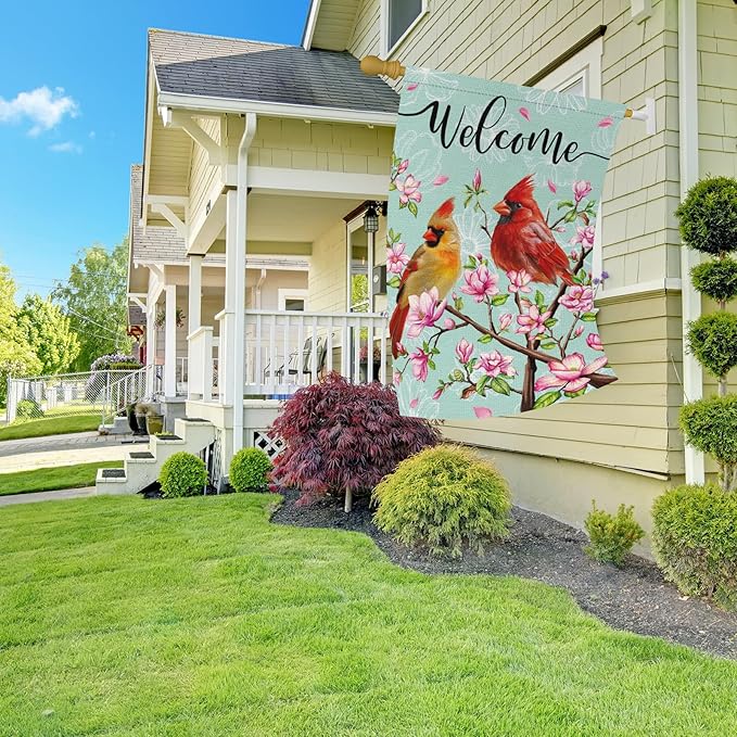 Cardinal Bird Welcome Spring Garden Flag, 28x40 Vertical Double Sided Burlap Tree Flower Spring Flag for Outside Farmhouse Yard Decorations