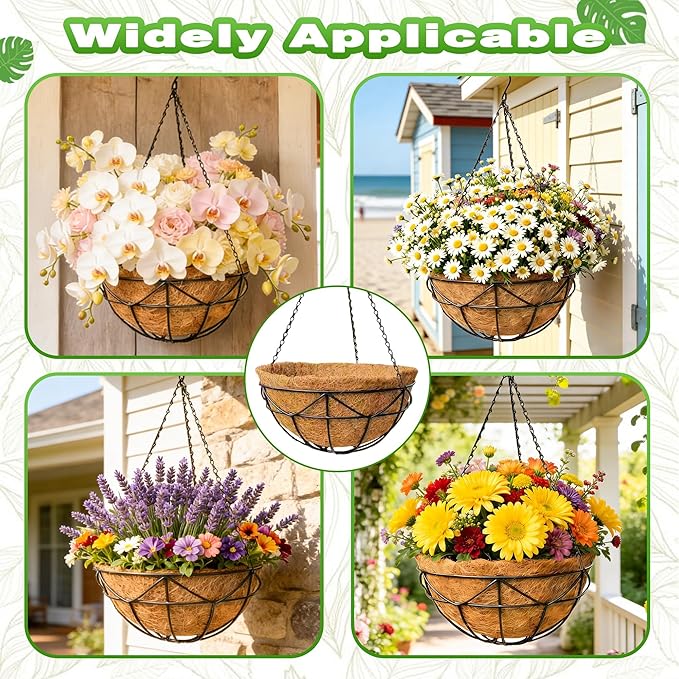 2 Pack 12 Inch Metal Outdoor Hanging Baskets Black Heavy Duty Hanging Planters with Coco Liners for Indoor Outdoor Plants Gardens Patios Terraces（Geometric）