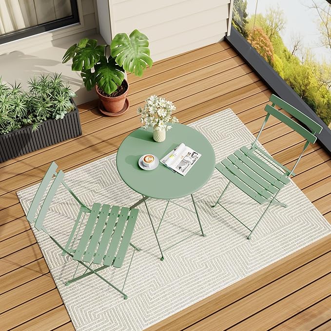 GarveeLife 3-Piece Folding Bistro Set, Foldable Patio Furniture Set with Premium Frame, Outdoor Bistro Table and Chairs Set of 2 for Patio, Garden and Balcony, Green