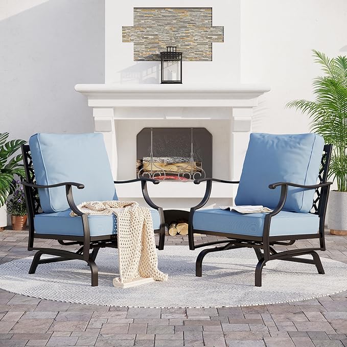 SUNSHINE VALLEY Metal Outdoor Rocker Patio Chairs Set of 2 with 5.75" Extra Thick Cushion, 2 Piece High Back Rocker Patio Chairs All Weather Outdoor Furniture Seating for Deck Balcony Porch, Blue