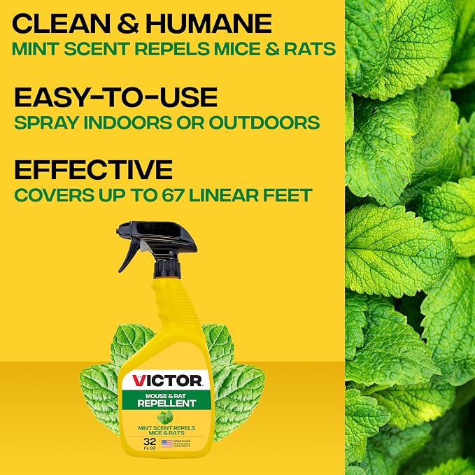 Victor Mouse and Rat Repellent Spray, 32 oz Bottle | Up to 67 Linear Feet Coverage, Natural Essential Oil Formula for Indoor & Outdoor Rodent Control, Ready to Use Pest Repellent
