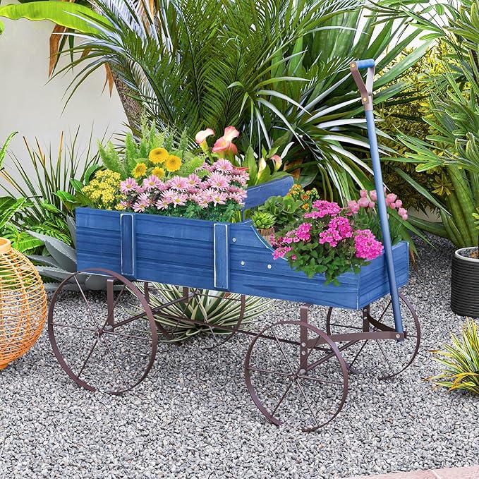 Wooden Wagon Planter, Decorative Flower Pots w/ 2 Planting Sections, Wheels & Handle, Rustic Farmhouse Garden Planter Box for Patio, Yard, Porch (Blue)